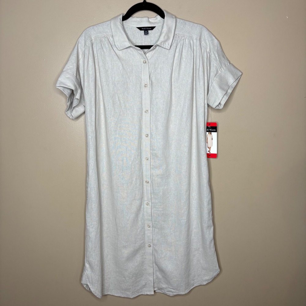 Well Worn Womens Tan Linen Blend Button Down Shirt Dress Pockets Size M